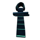 Black and green strap with a clip on a white background